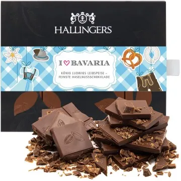Vollmilch Edel-Schokolade mit Haselnuss-Nougat, handmade (90g) - I love Bavaria (Tafel-Karton)
