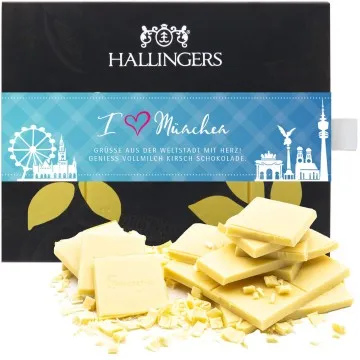 I love München (Tafel-Karton) - Weiße Edel-Schokolade mit Kirsche - handmade (90g)