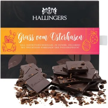 Zartbitter EdelSchokolade mit Himbeere & Maracuja - handmade (90g) - Gruß vom Osterhasen (Tafel-Karton)