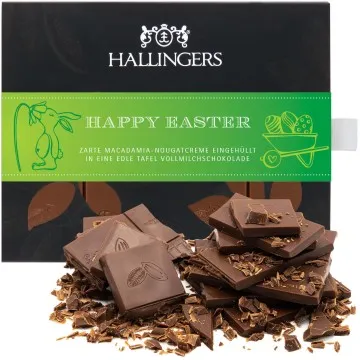 Vollmilch Edel-Schokolade mit Macadamia-Nougat, handmade zu Ostern (90g) - Happy Easter (Tafel-Karton)
