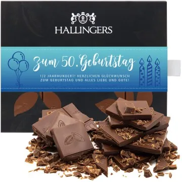Zum 50. Geburtstag (Tafel-Karton) - Vollmilch Edel-Schokolade zartschmelzend ganz pur, handmade (90g)