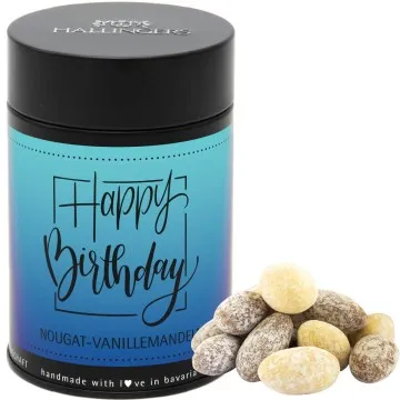 Nougat-schokolierte Vanille-Mandeln handgemacht (150g) - Happy Birthday (Premiumdose)