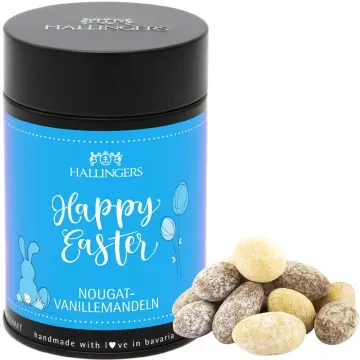 Nougat-schokolierte Vanille-Mandeln handgemacht (150g) - Happy Easter (Premiumdose)