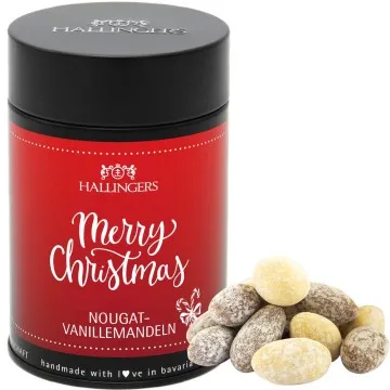 Nougat-schokolierte Vanille-Mandeln handgemacht (150g) - Merry Christmas (Premiumdose)