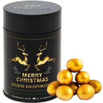 Goldene Knusperkugeln, dragierte Pralinentrüffel mit Marc de Champagne (150g) - Merry Christmas (Premiumdose)