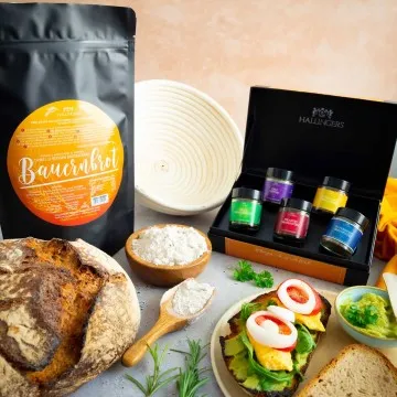 Komplett-Set Bauernbrotmix, Gewürze und Gärkorb (Geschenkkorb)