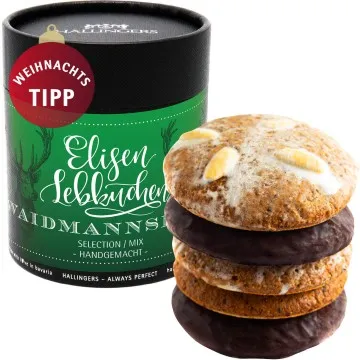 Waidmannsheil (Naschdose) - 5 saftige Elisen-Lebkuchen hoher Kernanteil handgemacht in Papierdose für Jäger und Jagdfreunde (400g)