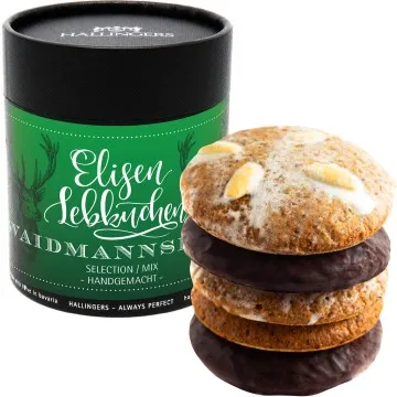 Waidmannsheil (Naschdose) - 5 saftige Elisen-Lebkuchen hoher Kernanteil handgemacht in Papierdose für Jäger und Jagdfreunde (400g)