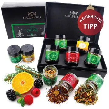 Frohe Weihnachten GREEN (Set) - Weihnachtliche 5 Sorten Tee Geschenkset mit Box vegan, Geschenk zu Weihnachten in Schraubgläsern (50g)