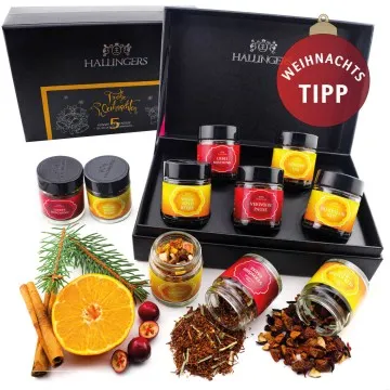 Frohe Weihnachten ORANGE (Set) - Weihnachtliche 5 Sorten Tee Geschenkset mit Box vegan, Geschenk zu Weihnachten in Schraubgläsern (50g)