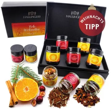 Frohe Weihnachten Orange Christmas (Set) - Weihnachtliche 5 Sorten Tee Geschenkset mit Box vegan, Geschenk zu Weihnachten in Schraubgläsern (50g)