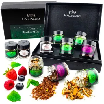 Frohe Weihnachten Green Christmas (Set) - Weihnachtliche 5 Sorten Tee Geschenkset mit Box vegan, Geschenk zu Weihnachten in Schraubgläsern (50g)