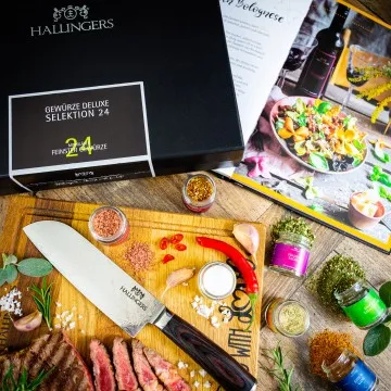 Deluxe Selektion 24 & Deluxe Santoku & Kochbuch (24 Gewürze im Glas)
