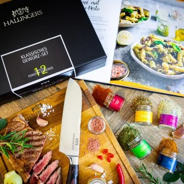 Klassisches Gewürz-Set & Premium Santoku & Kochbuch (12 Gewürze im Glas)