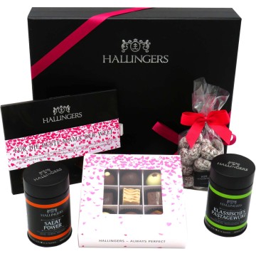 Geschenk Set - Schokolade, Pralinen, Gewürze und Nougatmandeln in premium Box (483g) - Muttertag Box Pink (Bundle)