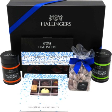 Geschenk Set - Schokolade, Pralinen, Gewürze und Nougatmandeln in premium Box (598g) - Vatertag Box Blue (Bundle)