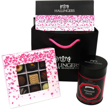 Geschenk Set - 1 Schokolade, 9er Pralinen und 1 Tee (319g) - Muttertag Bag Pink (Bundle)