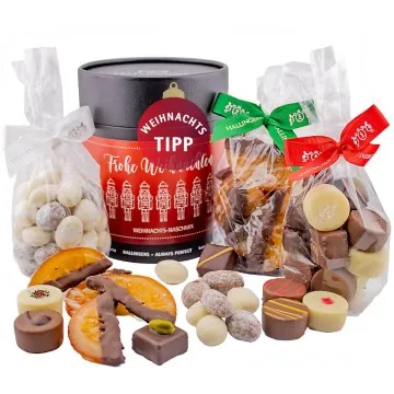 Frohe Weihnachten (Bundle) - Weihnachtliches Geschenkset, Pralinen Mandeln Orangenscheiben als Geschenk zu Weihnachten (450g)