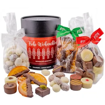 Frohe Weihnachten (Bundle) - Weihnachtliches Geschenkset, Pralinen Mandeln Orangenscheiben als Geschenk zu Weihnachten (450g)