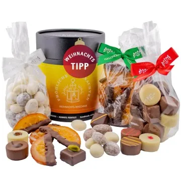 Fröhliche Weihnachten (Bundle) - Weihnachtliches Geschenkset, Pralinen Mandeln Orangenscheiben als Geschenk zu Weihnachten (450g)