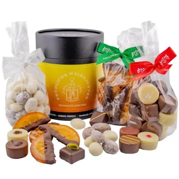 Fröhliche Weihnachten (Bundle) - Weihnachtliches Geschenkset, Pralinen Mandeln Orangenscheiben als Geschenk zu Weihnachten (450g)