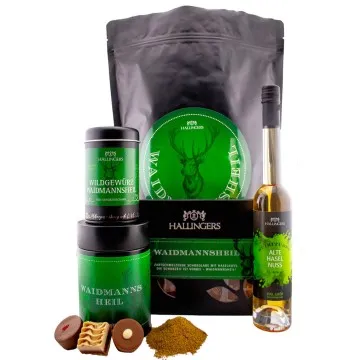 Waidmannsheil XXL (Bundle) - Jäger Wundertüte XXL Geschenkset Haselnusslikör, Wild Gewürz, Pralinen & Tafel Schokolade (400g)