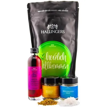 Herzlich willkommen (Bundle) - Glückwünsche Wundertüte Geschenkset Quellwasser Salz, Orangen Pfeffer & Himbeer Balsam - welcome (78g)