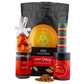 Happy Birthday Yellow XXl (Bundle) - Geburtstag Wundertüte XXL Geschenkset Konfitüre Coldbrew Tee Tafel Schokolade & Fruchtsaftbären (650g)