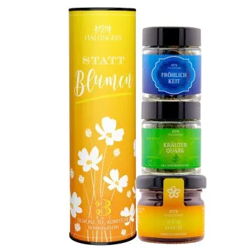 Statt Blumen (veganes Mitbringsel Tee, Konfitüre & Gewürz) - Feinkost-Set, 3x Miniglas Geschenkdose